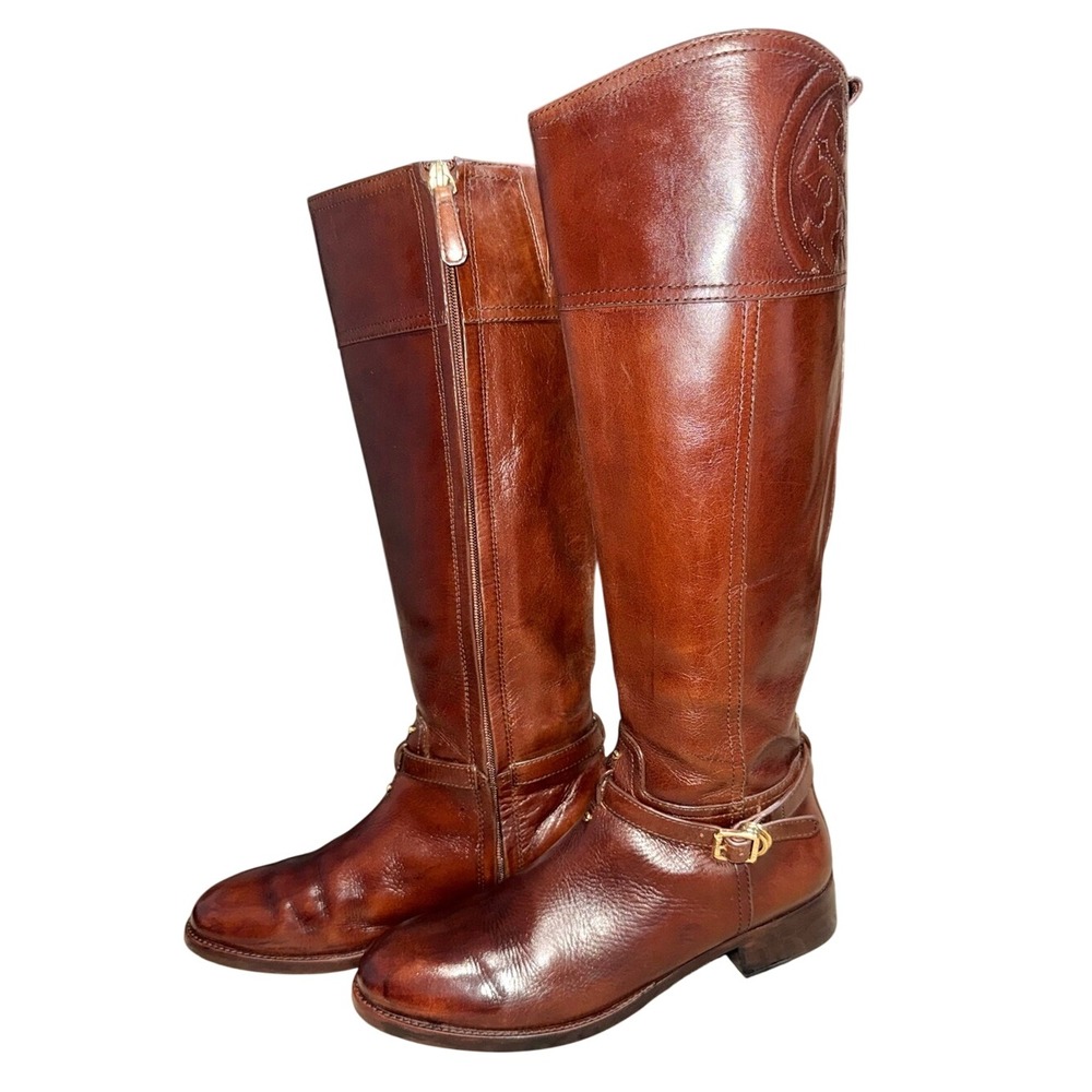 TORY BURCH Brown Leather Tall Riding Equestrian Boots Gold Hardware | Sz 10.5M - Picture 8 of 13